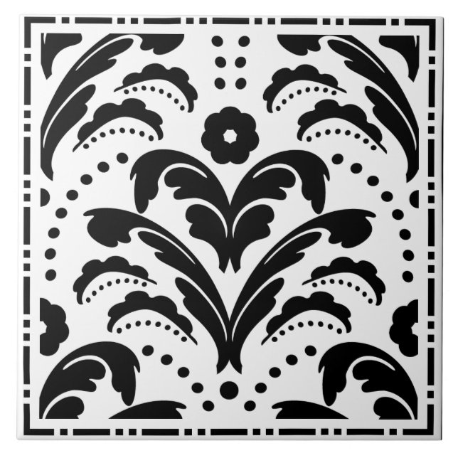 Elegant Black and White Floral Art Deco Damask Ceramic Tile (Front)