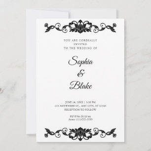 Elegant Black and White Floral Art Deco Wedding Invitation