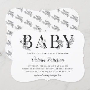 Elegant Black and White Floral Baby Shower Invitation