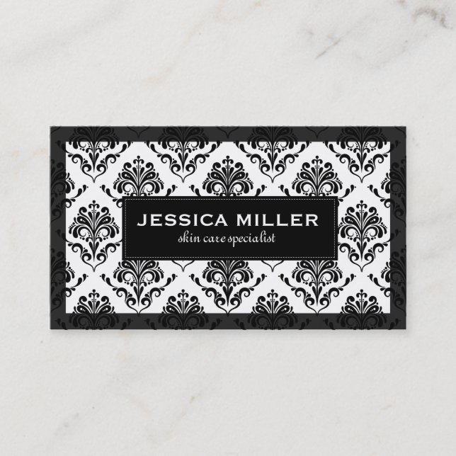 Elegant Black And White Floral Damask 6 Business Card (Front)