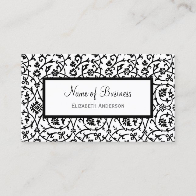 Elegant Black and White Floral Damask Pattern Business Card (Front)