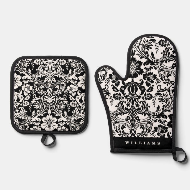 Elegant Black and White Floral Damask Pattern Oven Mitt & Pot Holder Set (Front)
