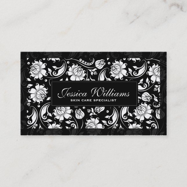 Elegant Black And White Floral Damasks Business Card (Front)