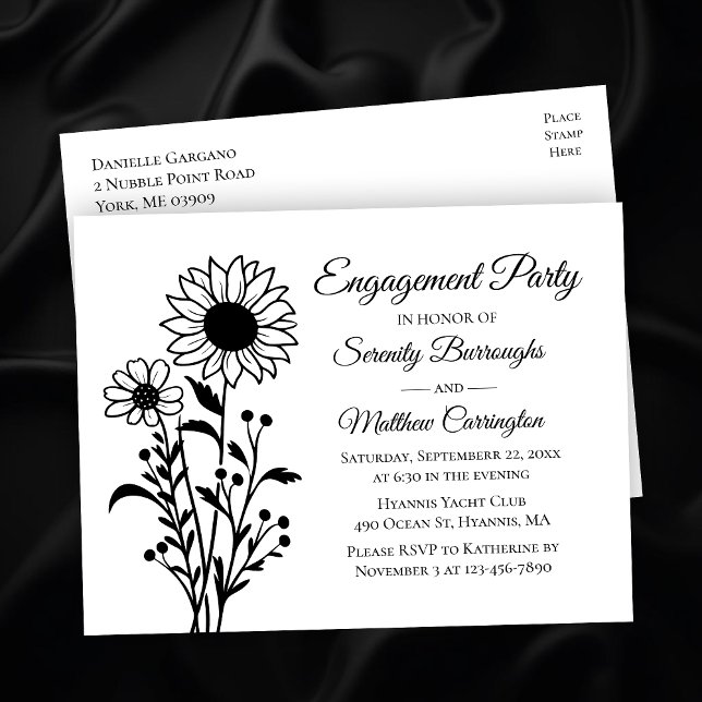 Elegant Black and White Floral Engagement Party  Postcard (Creator Uploaded)