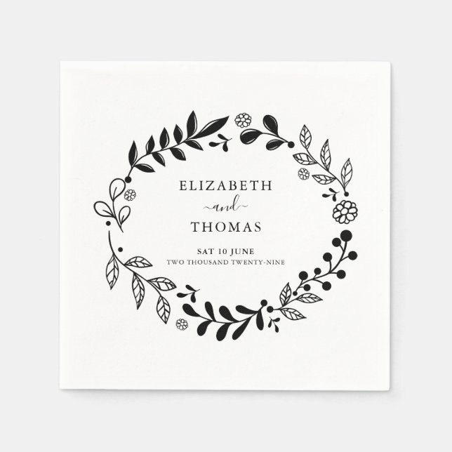 Elegant Black and White Floral Garland Wedding Napkin (Front)