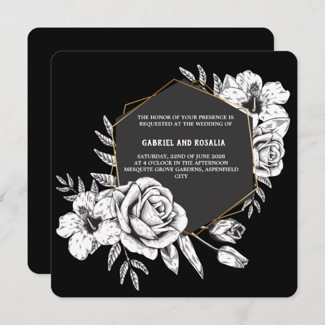 Elegant Black and White Floral Geometric Wedding Invitation (Front/Back)
