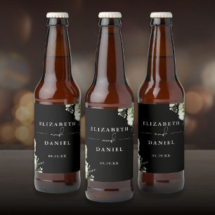 Elegant Black And White Floral Greenery Wedding Beer Bottle Label