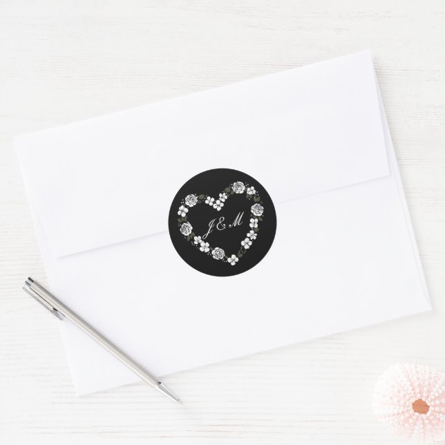 Elegant Black and White Floral Heart Wedding  Classic Round Sticker (Envelope)
