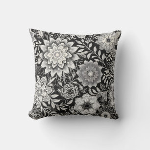 Elegant Black and White Floral Lace Pattern Cushion