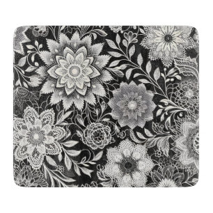 Elegant Black and White Floral Lace Pattern Cutting Board