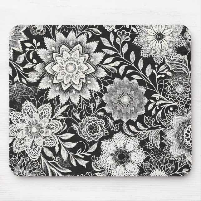 Elegant Black and White Floral Lace Pattern Mouse Pad (Front)