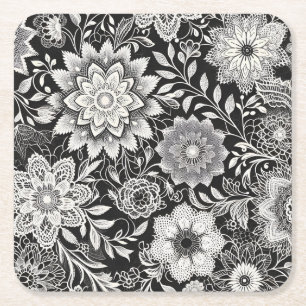 Elegant Black and White Floral Lace Pattern Square Paper Coaster
