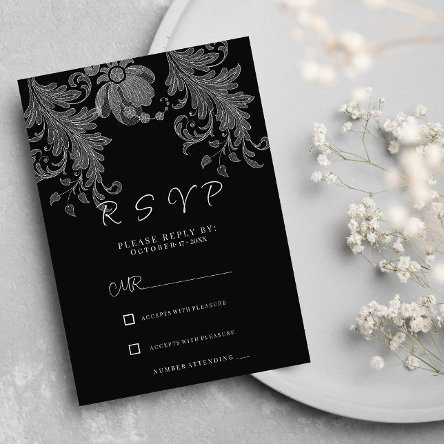  Elegant black and white floral lace RSVP Invitation (Elegant black and white floral lace RSVP )