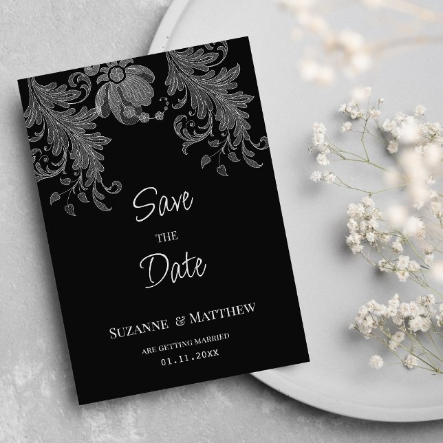  Elegant black and white floral lace Save the Date Invitation (Elegant black and white floral lace Save the Date)