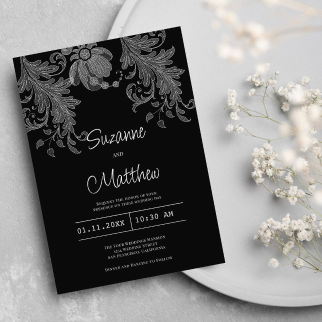  Elegant black and white floral lace wedding  Invitation (Elegant black and white floral lace wedding)