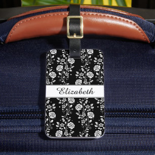 Elegant Black And White Floral Luggage Tag