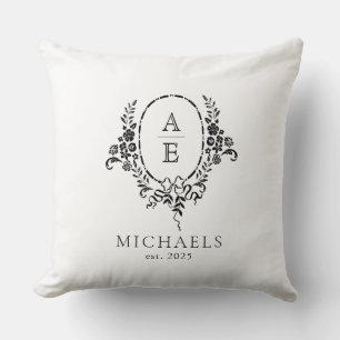 Elegant Black and White Floral Monogram Wedding Cushion