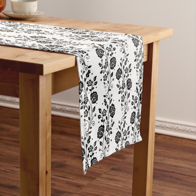 Elegant Black And White Floral Pattern Short Table Runner (In Situ)