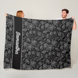 Elegant Black and White Floral Personalised  Fleece Blanket