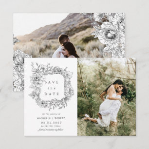 Elegant Black And White Floral Photo Save The Date Invitation