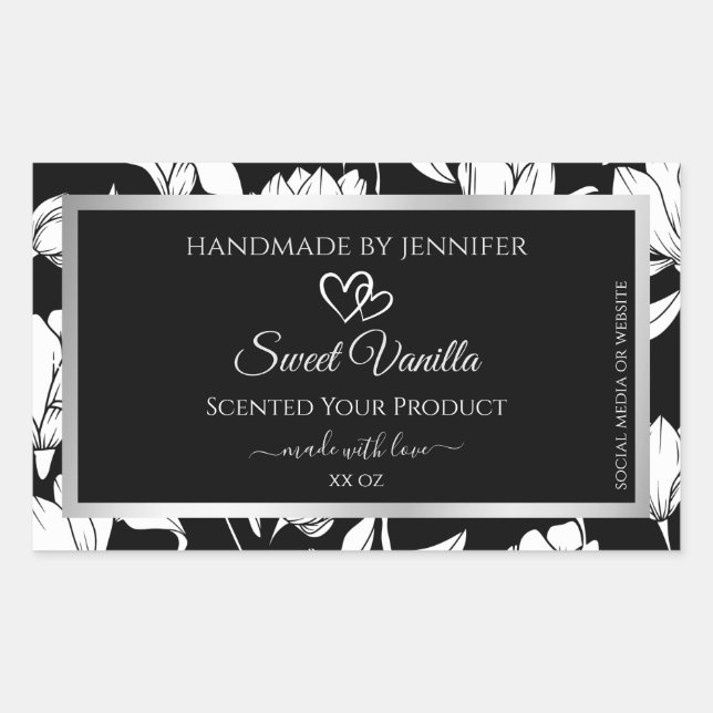 Elegant Black and White Floral Product Labels (Front)