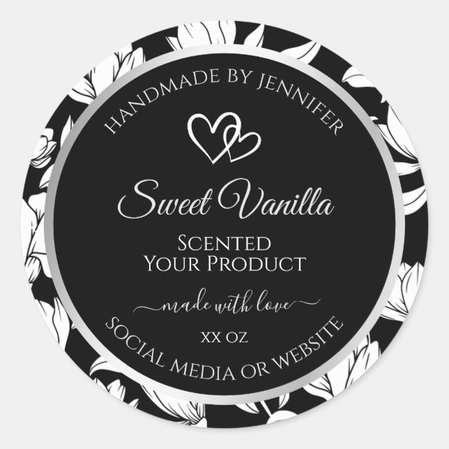 Elegant Black and White Floral Product Labels (Front)