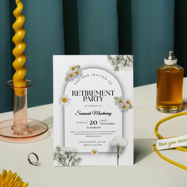 Elegant Black and White Floral Retirement Party  Invitation (Elegant Black and White Calligraphy Retirement Par Invitation)