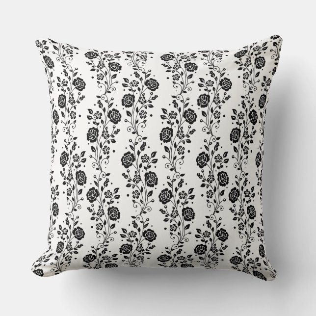 Elegant Black And White Floral Roses Pattern Cushion (Front)