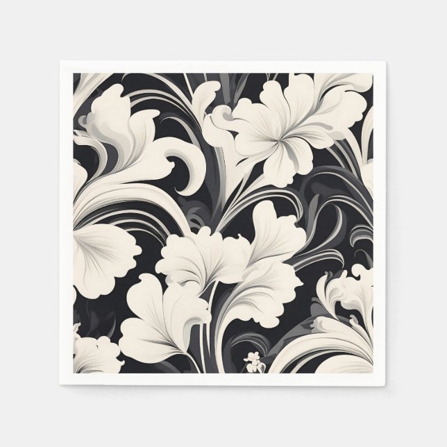 Elegant Black and White Floral Swirls Napkin (Front)