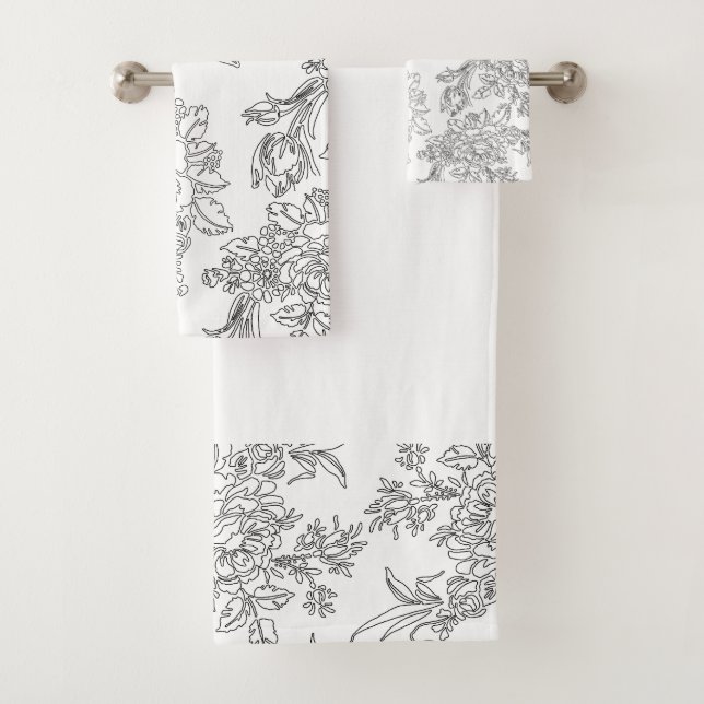 Elegant Black and White Floral Toile Bath Towel Set (Insitu)