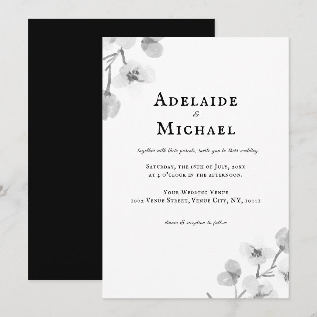 Elegant Black and White Floral Watercolor Wedding Invitation (Front/Back)
