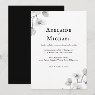 Elegant Black and White Floral Watercolor Wedding Invitation