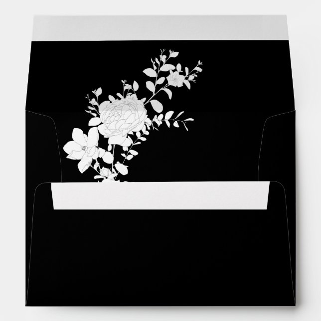 Elegant Black and White Floral Wedding Envelope (Back (Bottom))