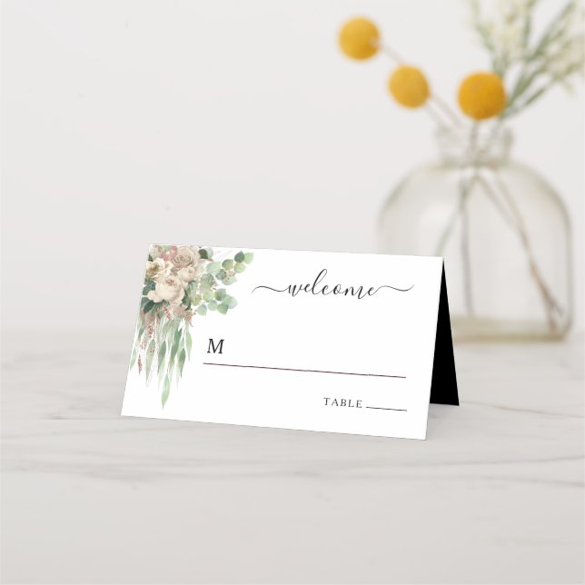 Elegant Black And White Floral Wedding Place Card (Front)