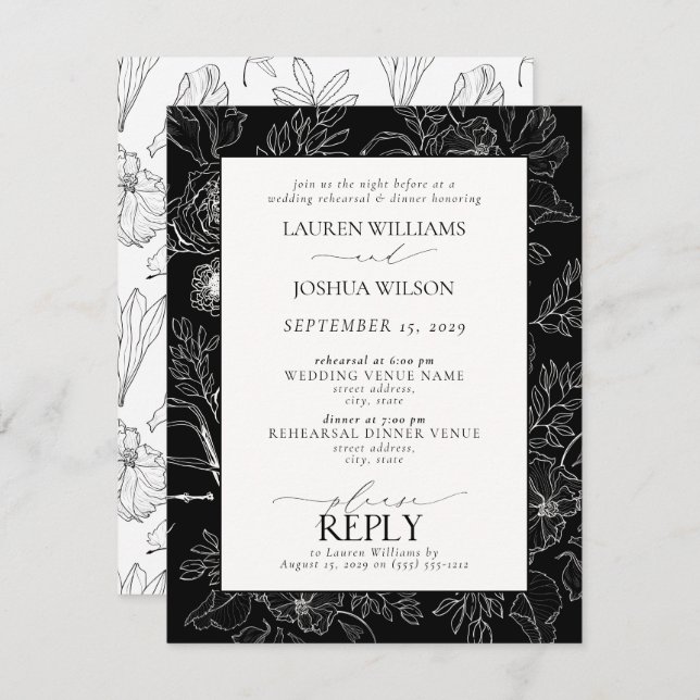 Elegant Black and White Floral Wedding Rehearsal Invitation (Front/Back)