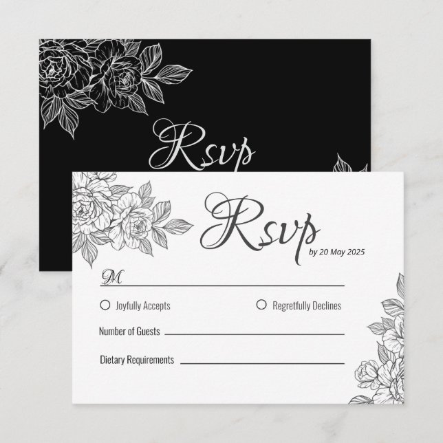 Elegant Black and White Floral Wedding RSVP Card (Front/Back)