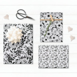 Elegant Black and White Floral Wrapping Paper Sheet