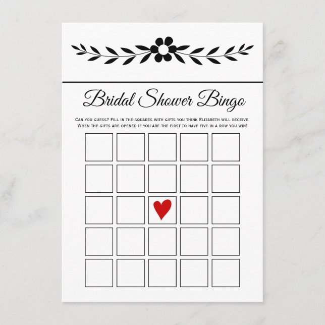 Elegant black and white flower bridal bingo card (Front)