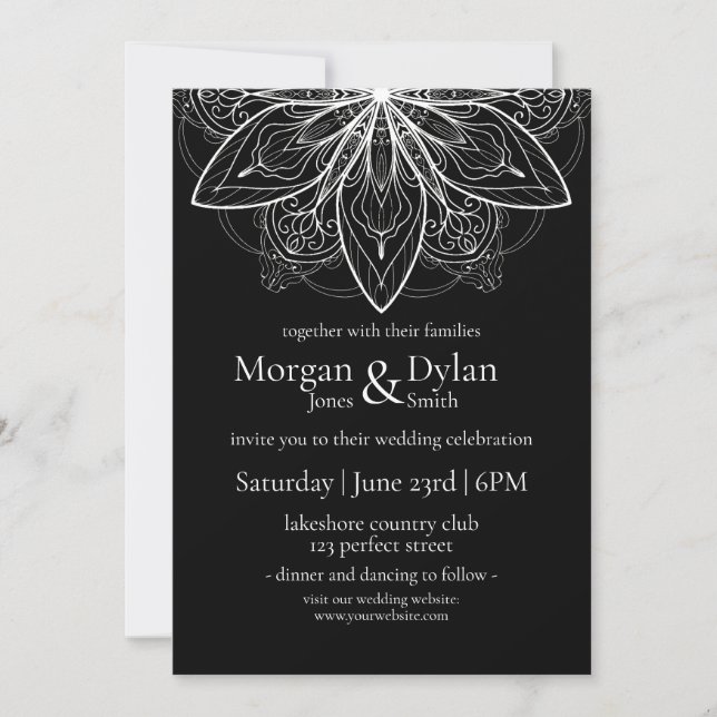 Elegant Black and White Flower Mandala Wedding Invitation (Front)