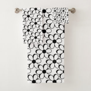 Elegant Black and White Flowers on White Bath Towel Set