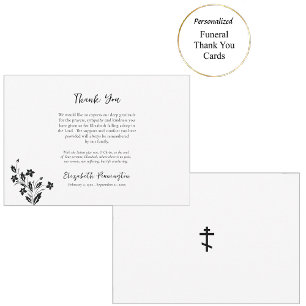 Elegant Black and White Flowers Orthodox Funeral Thank You Card