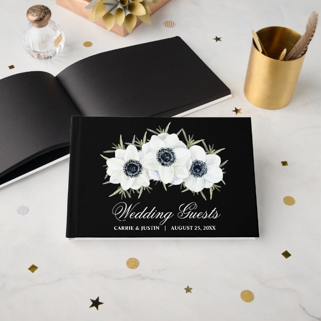 Elegant Black and White Flowers Wedding Guest Book (Front Open)