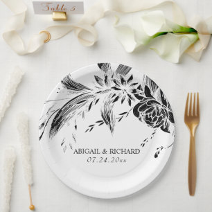 Elegant black and white flowers wedding paper plate