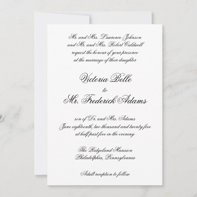 Elegant Black and White Formal Calligraphy Wedding Invitation (Front)
