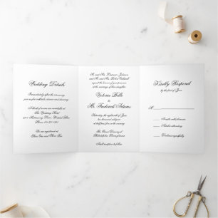 Elegant Black and White Formal Calligraphy Wedding Tri-Fold Invitation