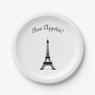 Elegant Black and White French Style Eiffel Tower Paper Plate