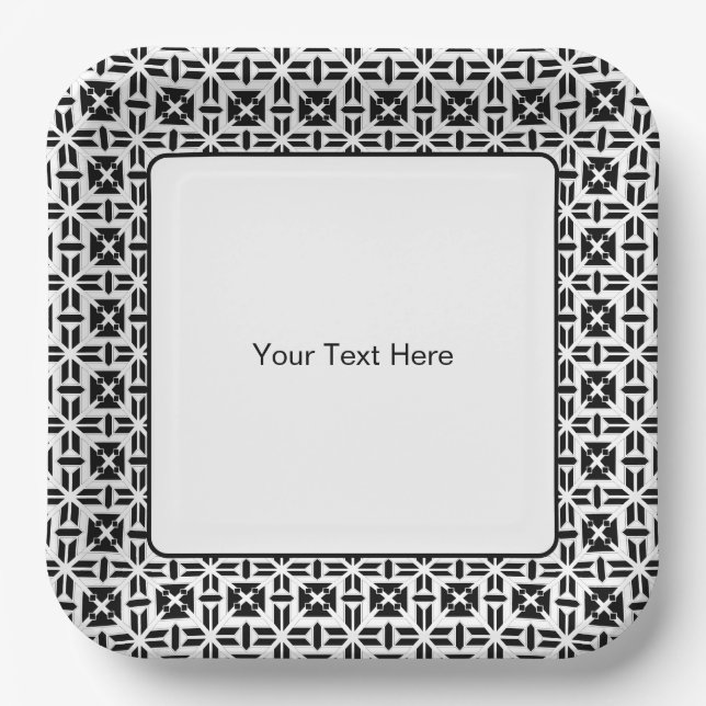 Elegant Black and White Geometric Pattern Paper Plate (Front)