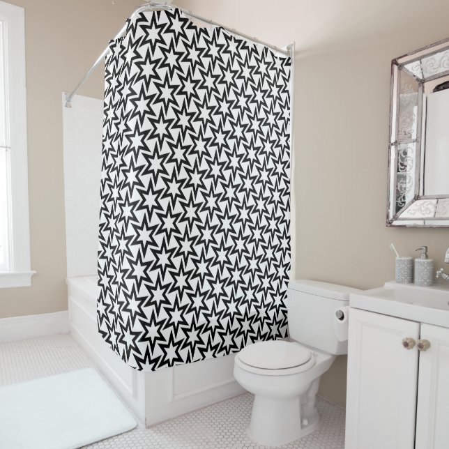Elegant Black and White Geometric Star Pattern Shower Curtain (In Situ)