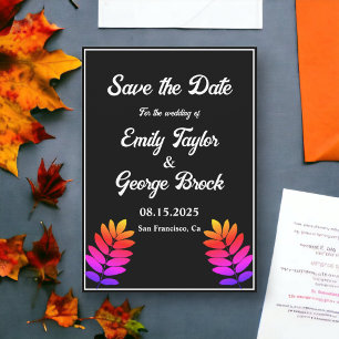 Elegant Black And White Glow Fall Leaves Wedding Save The Date