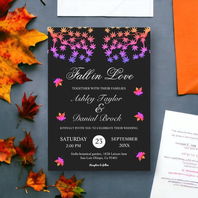 Elegant Black And White Glowy Leaves Fall Wedding Invitation (Creator Uploaded)